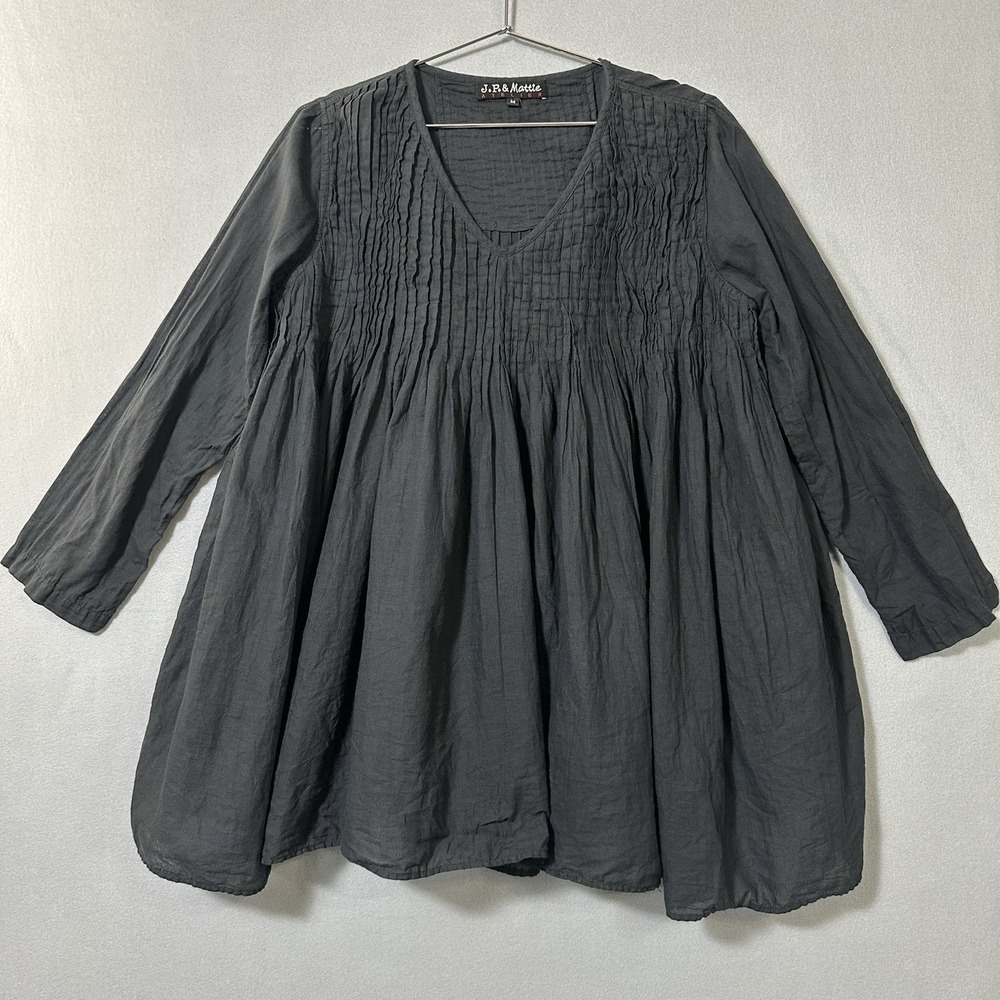 JP Mattie Babydoll Tunic Women's Medium Gray Flowy Cotton Pintuck Peasant Boho